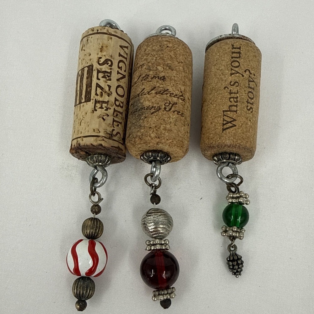 3 Crystal Beaded Wine Cork Ornaments, Bag Charms, Package Toppers, Key Chains